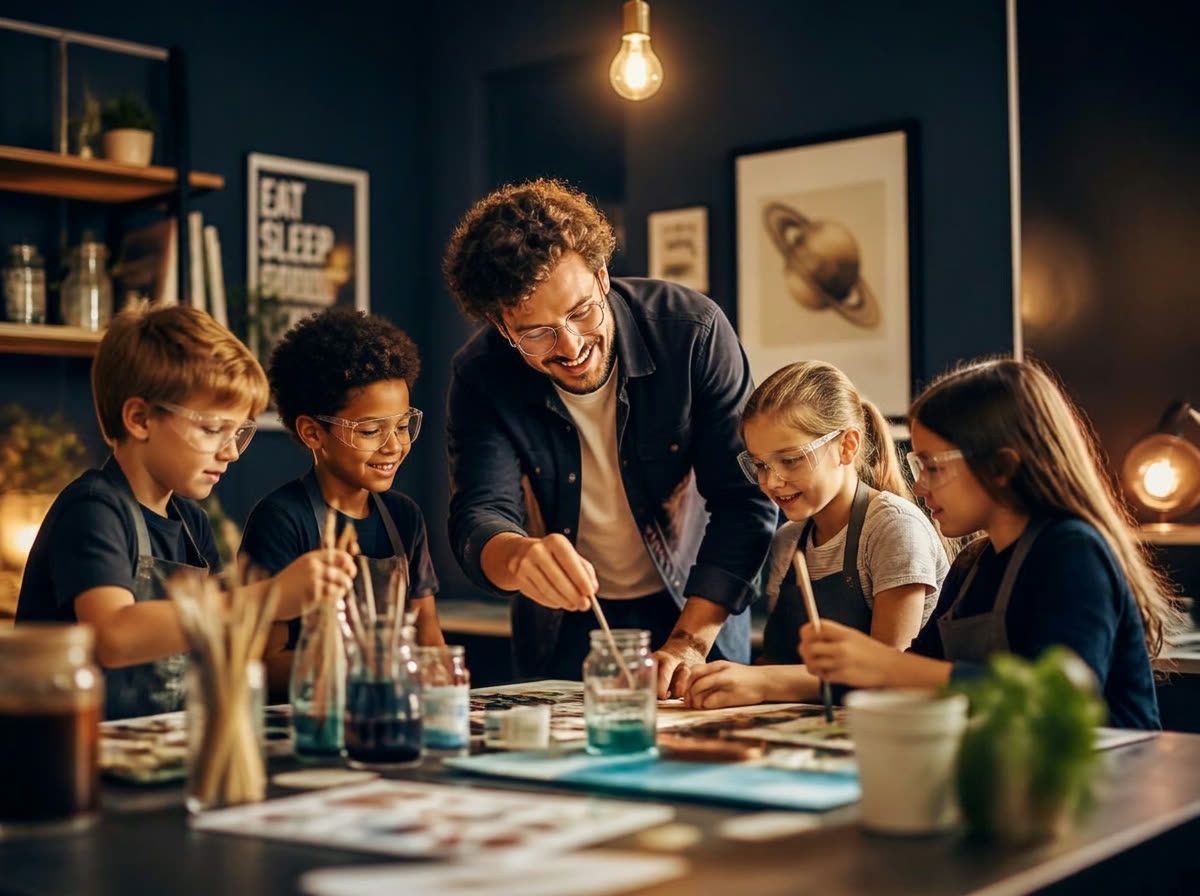 Children in a creative hands-on workshop with a mentor