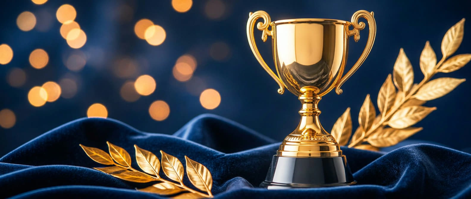 Golden trophy and laurel leaves on navy velvet