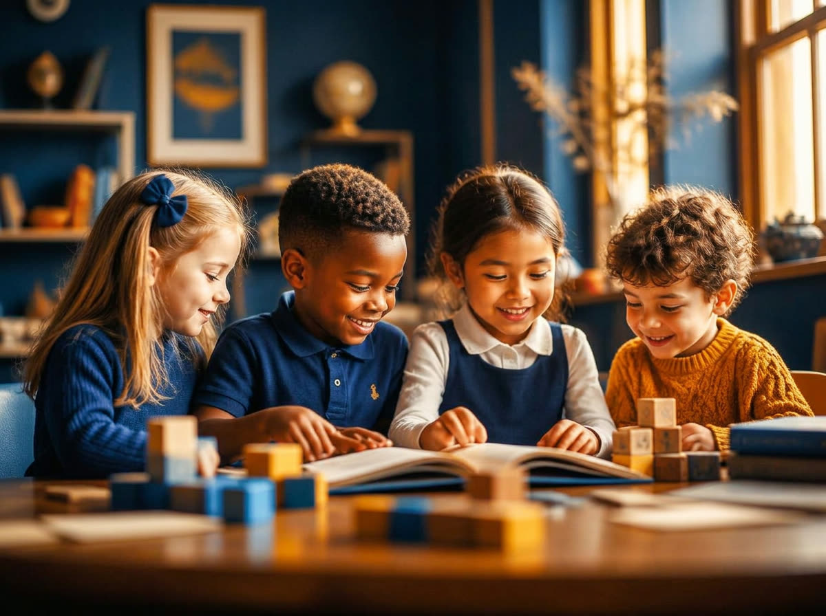 Children learning together with books and building blocks