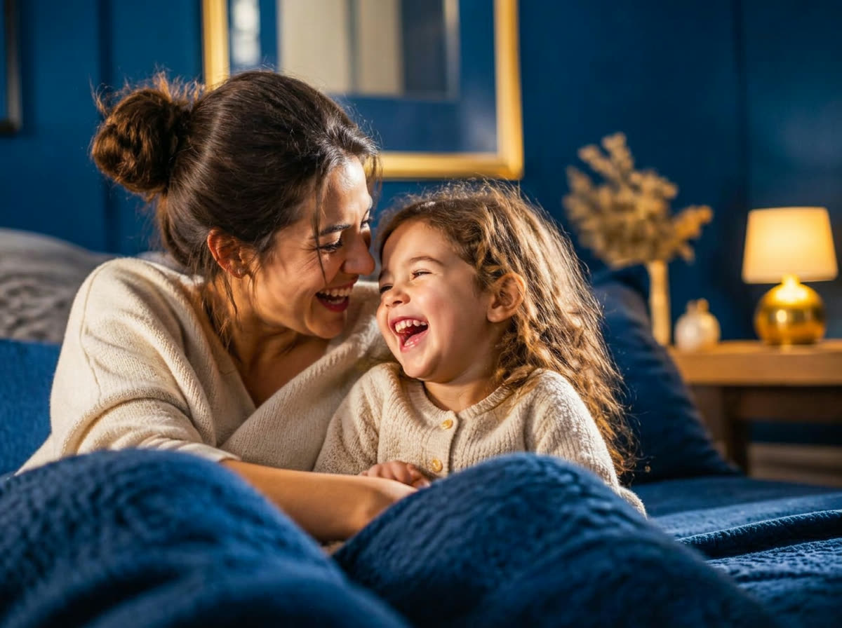 A mother and her young child laughing together at home